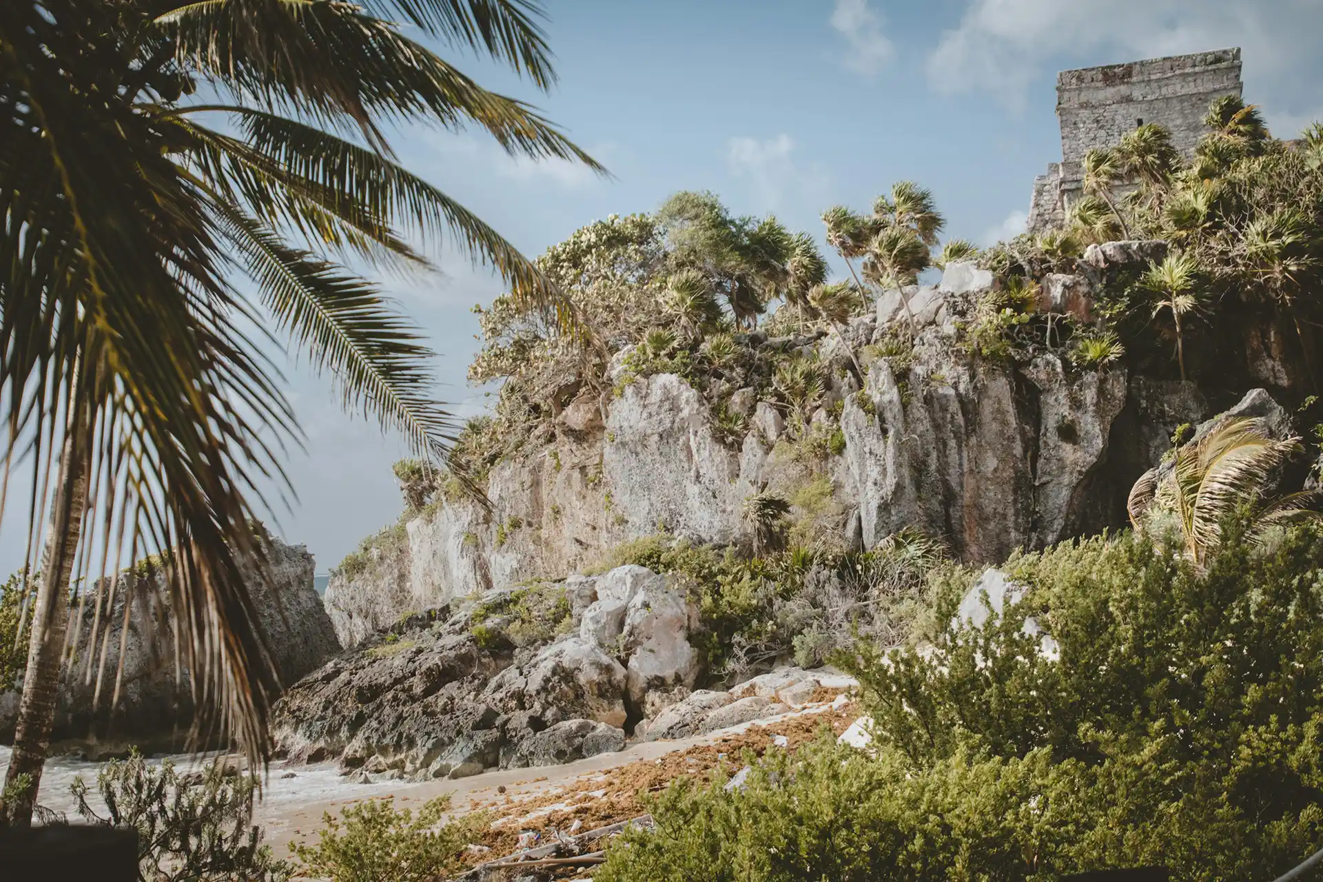 View of the Tulum ruins perched atop a rugged cliff, surrounded by palm trees and lush vegetation, overlooking the Caribbean Sea in the Riviera Maya, Mexico.