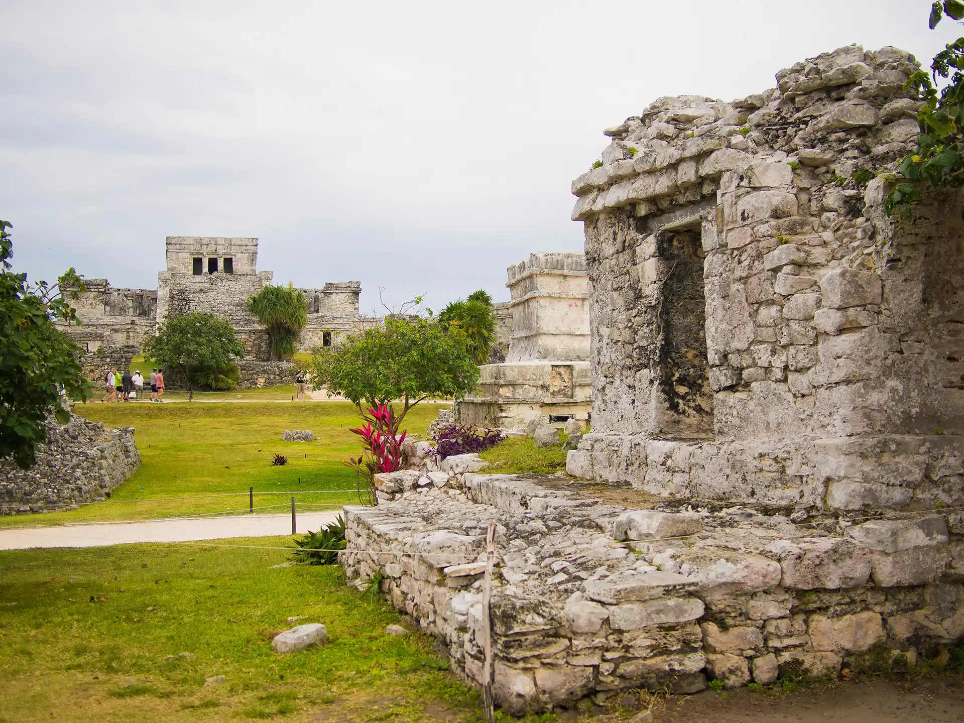 Ancient stone temples and structures within the Tulum archaeological site, surrounded by greenery and tropical plants in the Riviera Maya, Mexico.